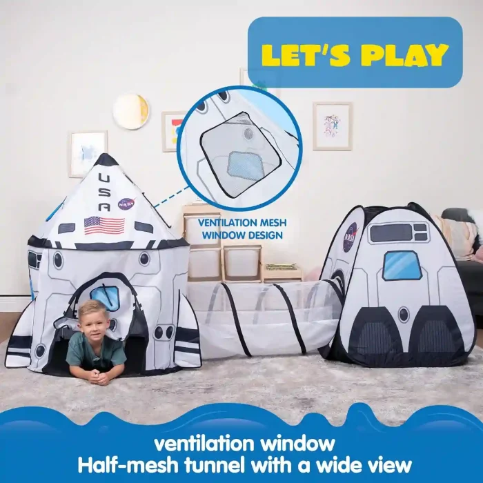 JOYIN White Rocket Ship Pop-Up Play Tent with Tunnel and Cube for Kids