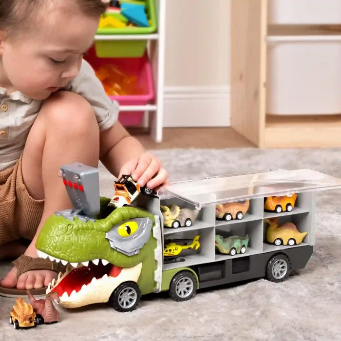 JOYIN Dinosaur Truck Toy Set with 12 Mini Cars and Helicopter for Kids