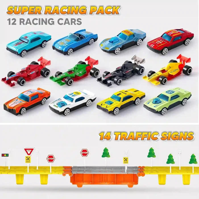 JOYIN 5-FT Race Track Toy Truck with 12 Die-Cast Cars and Interactive Features for Kids