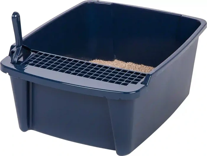 IRIS USA Covered Cat Litter Box in Navy with Front Door Flap and Scoop Holder