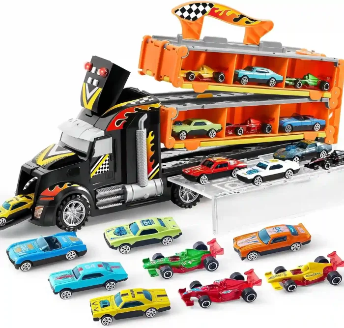 JOYIN 5-FT Race Track Toy Truck with 12 Die-Cast Cars and Interactive Features for Kids