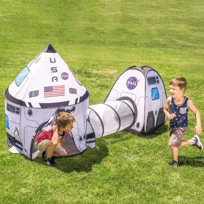 JOYIN White Rocket Ship Pop-Up Play Tent with Tunnel and Cube for Kids