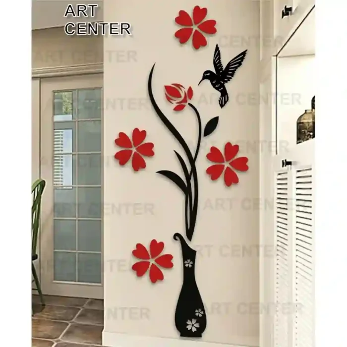 Red & Black Vase 3D Acrylic Wall Art – Modern Flower Design