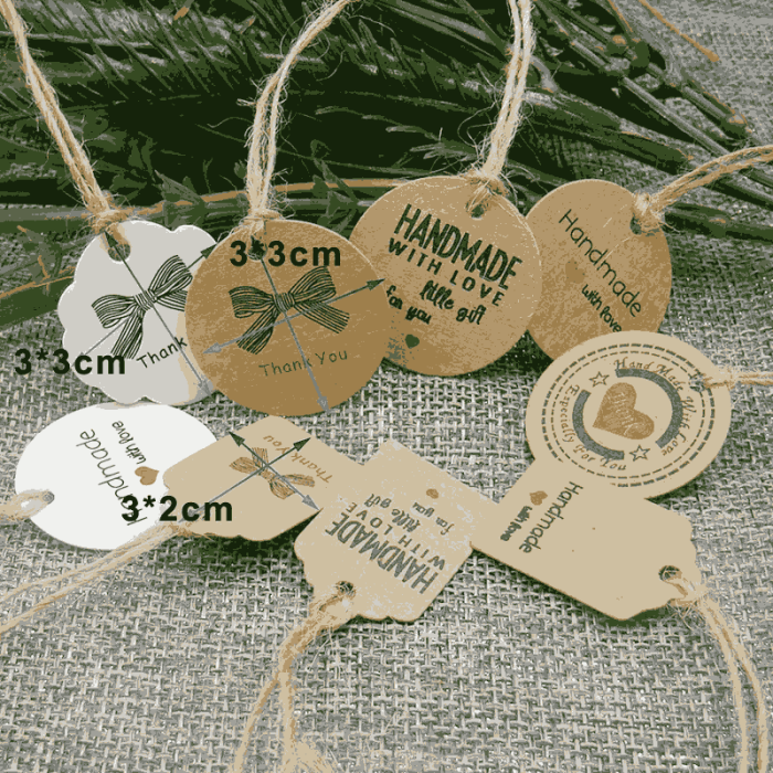 100 PCS kraft paper gift hang tags with "Thank You" and "Handmade with Love" design.