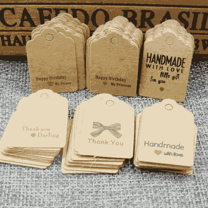 100 PCS kraft paper gift hang tags with "Thank You" and "Handmade with Love" design.