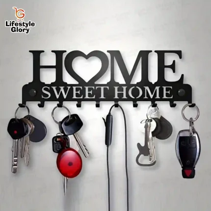 Sweet Home wooden key holder with 7 steel hooks, mobile stand, and wall-mounted design.