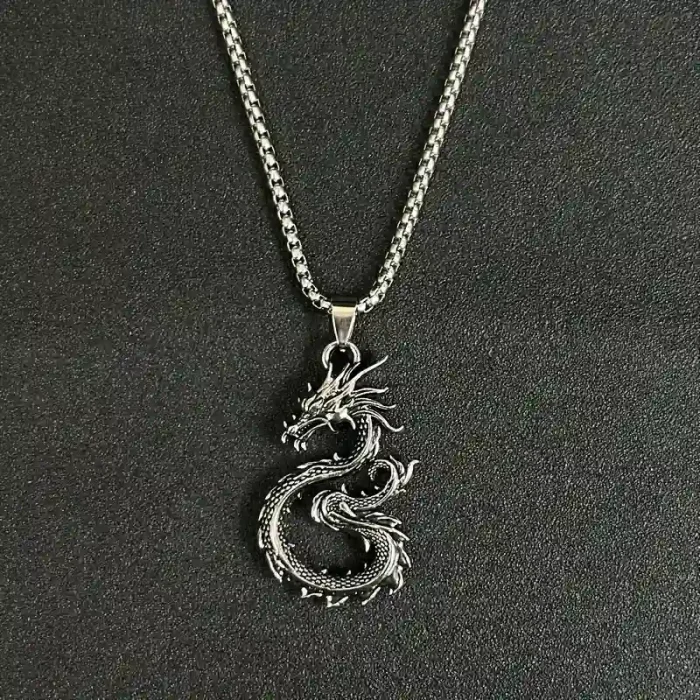 Antique silver-plated dragon pendant necklace for men, durable and stylish jewelry accessory