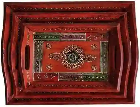 Handmade wooden serving tray with an antique hand-painted finish, perfect for home, hotel, or restaurant use.