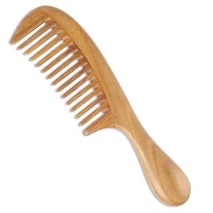 Handmade natural green sandalwood hair comb with wide teeth, perfect for detangling all hair types.