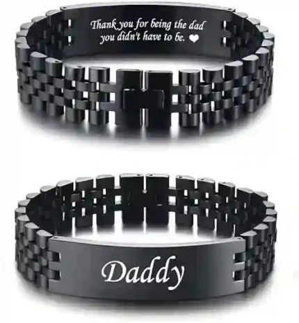 Personalized stainless steel link bracelet for men, durable and adjustable with a hidden message.