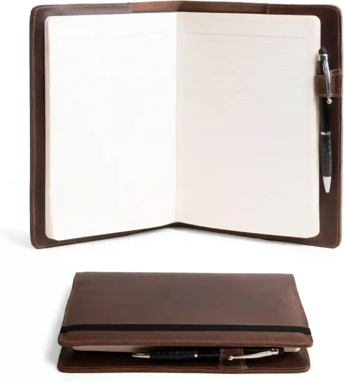 Hide & Drink Full Grain Leather Case for Leuchtturm A5 Notebook, with pen holder and protective cover in Bourbon Brown.