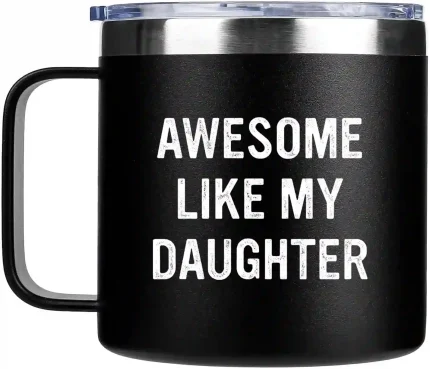 14oz black tumbler with a spill-resistant lid, perfect for dad gifts on Father’s Day, birthdays, or Christmas.