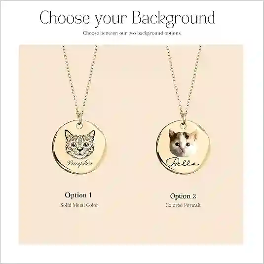 Custom pet portrait necklace with gold-plated stainless steel chain, featuring engraved pet face and name.