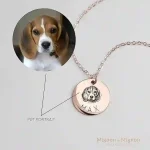 Custom pet portrait necklace with gold-plated stainless steel chain, featuring engraved pet face and name.