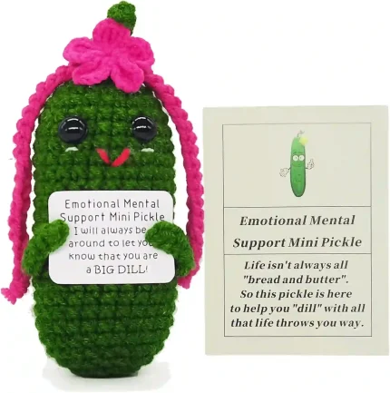 Funny crochet pickle with affirmations cards for emotional support and good luck gifts.