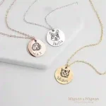 Custom pet portrait necklace with gold-plated stainless steel chain, featuring engraved pet face and name.