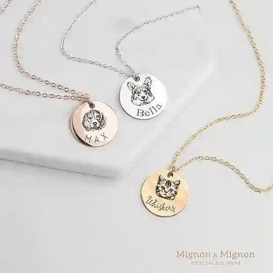 Custom pet portrait necklace with gold-plated stainless steel chain, featuring engraved pet face and name.