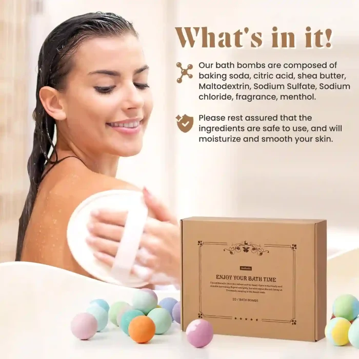 Bath Bombs Gift Set with 20 handmade, colorful bath fizzies enriched with shea butter and essential oils for skin moisturizing and relaxation.