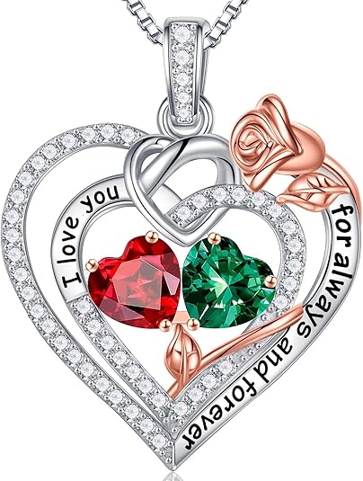 925 Sterling Silver Rose Heart Birthstone Necklace with "I Love You Forever" engraving