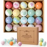 Bath Bombs Gift Set with 20 handmade, colorful bath fizzies enriched with shea butter and essential oils for skin moisturizing and relaxation.