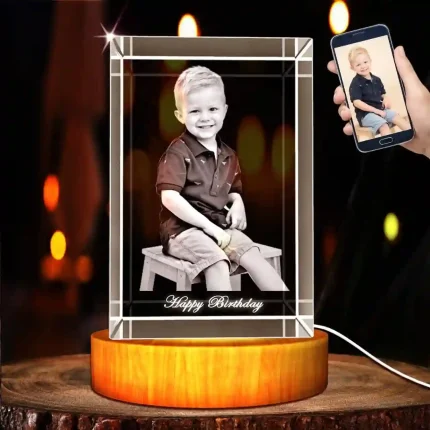 Personalized 3D holographic crystal photo frame with custom engraving, perfect for showcasing memories.