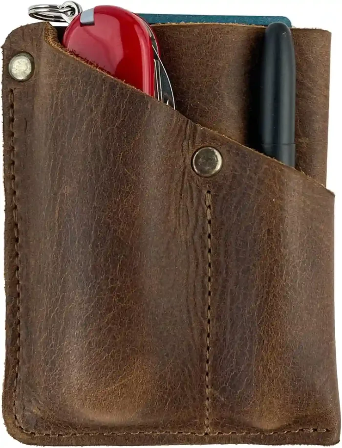 Hide & Drink Handmade Front Pocket Wallet in Bourbon Brown Leather, featuring a multitool pouch and card holder.