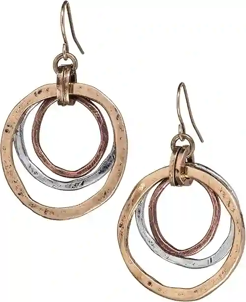 Handmade Sunrise Tricolor Dangle Earrings featuring burnished circles of Copper, Brass, and Silverplated metals.