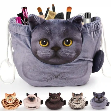 Cat-Themed Drawstring Makeup Bag for Women – Travel Cosmetic Organizer