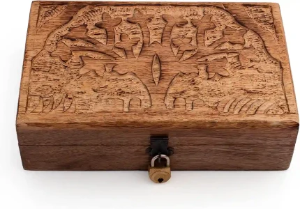 Handmade Wooden Jewelry Box with Tree of Life Carving for storing jewelry, trinkets, and keepsakes.