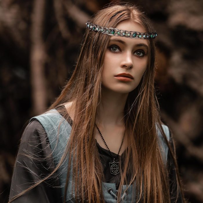 Handmade Medieval Vintage Fairy Circlet with natural gemstones, adjustable headband for Renaissance, Viking, and Halloween costumes.