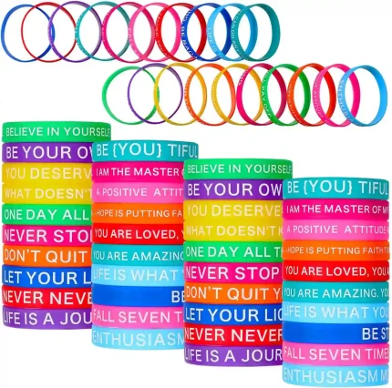 Motivational silicone wristbands in 20 colorful styles with inspiring quotes for men and women.