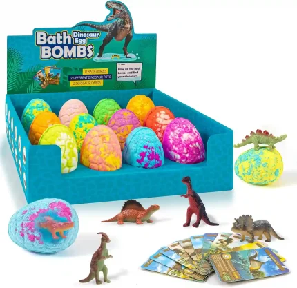 12-pack Dinosaur Bath Bombs for Kids with surprise toys and fact cards, perfect for fun and educational bath time.