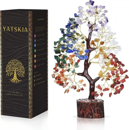 Handmade 7 Chakra Tree of Life with Healing Crystals on Wooden Base