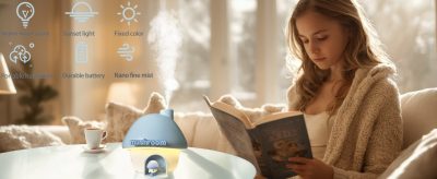 Ultrasonic cool mist humidifier with sunset night light for bedroom and office. 